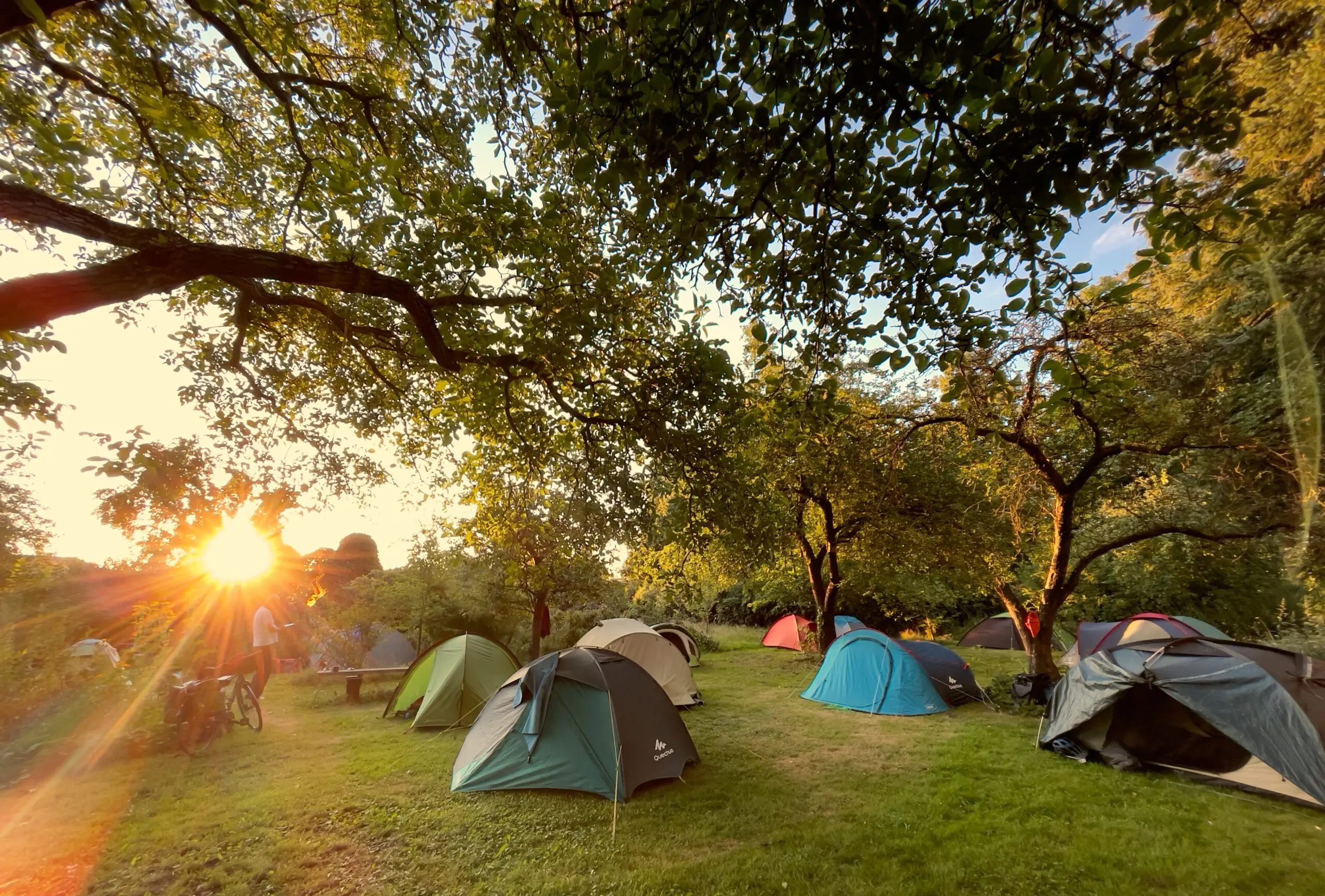 Eine Wiese voll Zelten mit der Sonne im Hintergrund